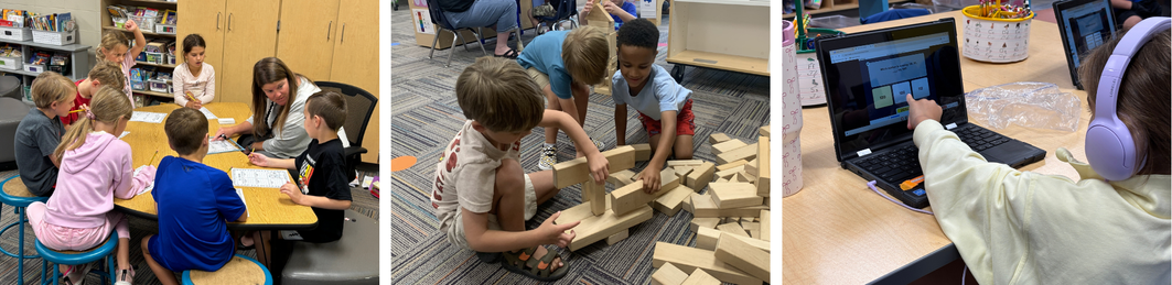 photos of students sitting at a table with their teacher, playing with blocks and learning on laptops